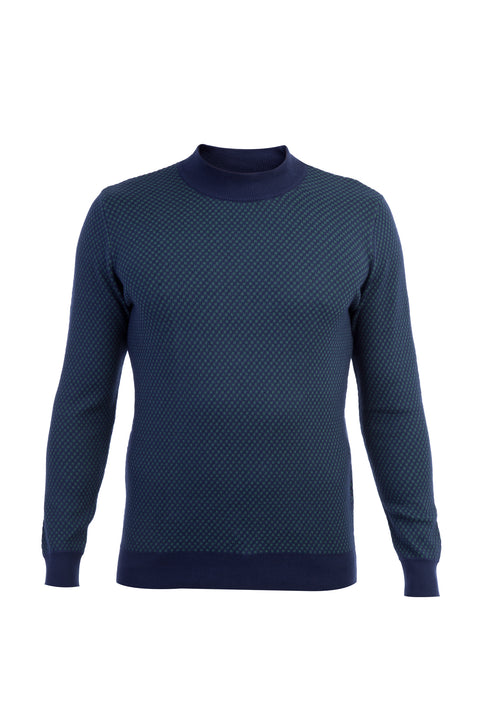 Navy Blue Half Turtleneck Regular Fit Wool Patterned Knit Sweater