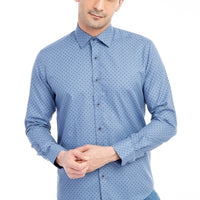 Blue Long-Sleeve Patterned Cotton Shirt