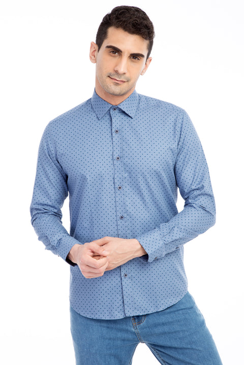 Blue Long-Sleeve Patterned Cotton Shirt