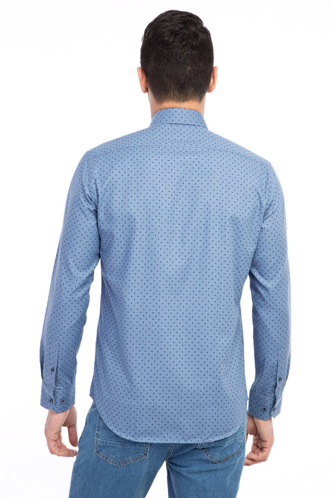 Blue Long-Sleeve Patterned Cotton Shirt
