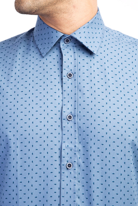 Blue Long-Sleeve Patterned Cotton Shirt