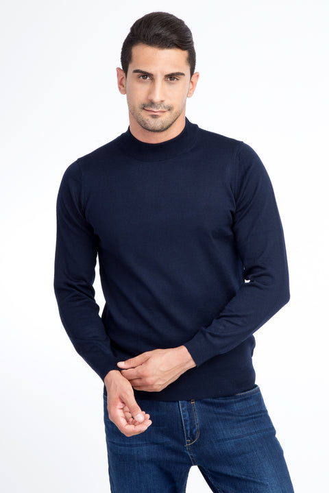 Navy Blue Half Turtleneck Wool Knit Sweater