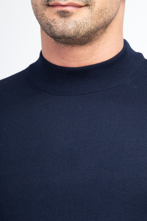Navy Blue Half Turtleneck Wool Knit Sweater
