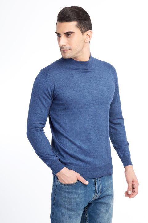 Blue Semi-Turtleneck Wool Knit Sweater