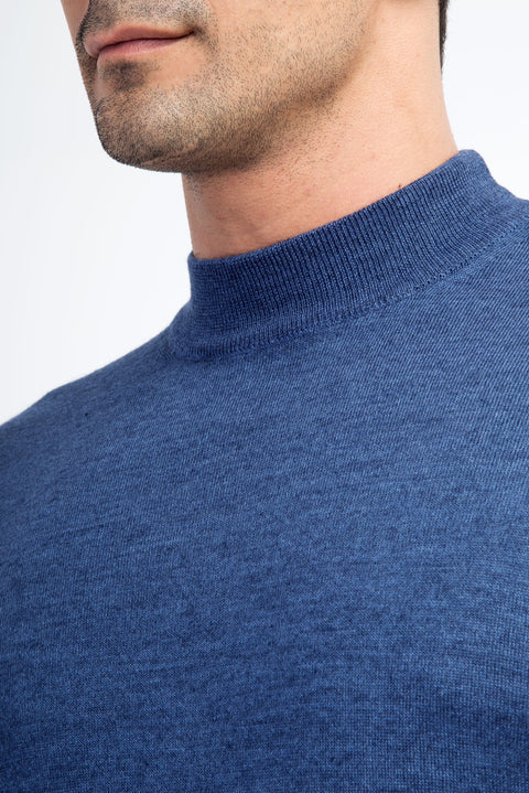 Blue Semi-Turtleneck Wool Knit Sweater