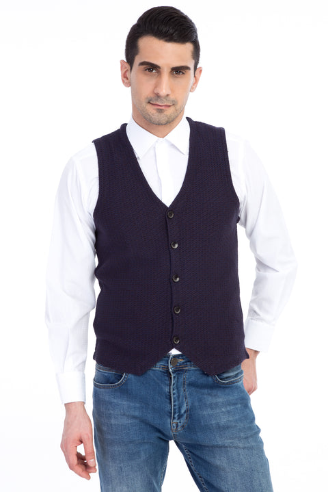 Navy Blue Patterned Slim Fit Narrow Cut Vest