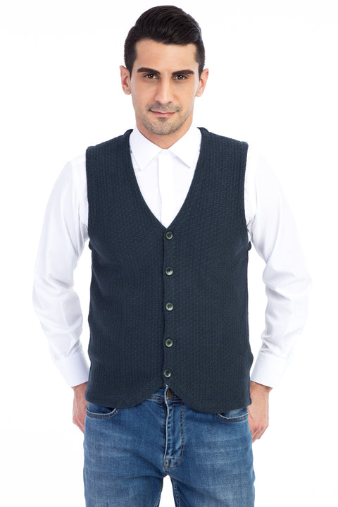 Dark Green Patterned Slim Fit Vest