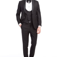 Siyah 7 Drop Slim Fit Dar Kesim Şal Yaka Yelekli Smokin & Damatlık