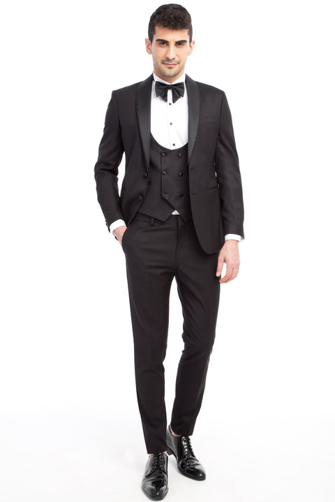 Siyah 7 Drop Slim Fit Dar Kesim Şal Yaka Yelekli Smokin & Damatlık