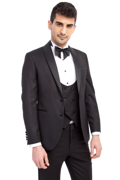 Siyah 7 Drop Slim Fit Dar Kesim Şal Yaka Yelekli Smokin & Damatlık