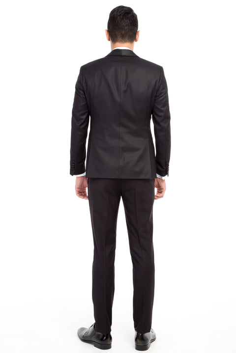 Siyah 7 Drop Slim Fit Dar Kesim Şal Yaka Yelekli Smokin & Damatlık