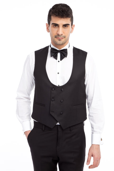 Siyah 7 Drop Slim Fit Dar Kesim Şal Yaka Yelekli Smokin & Damatlık
