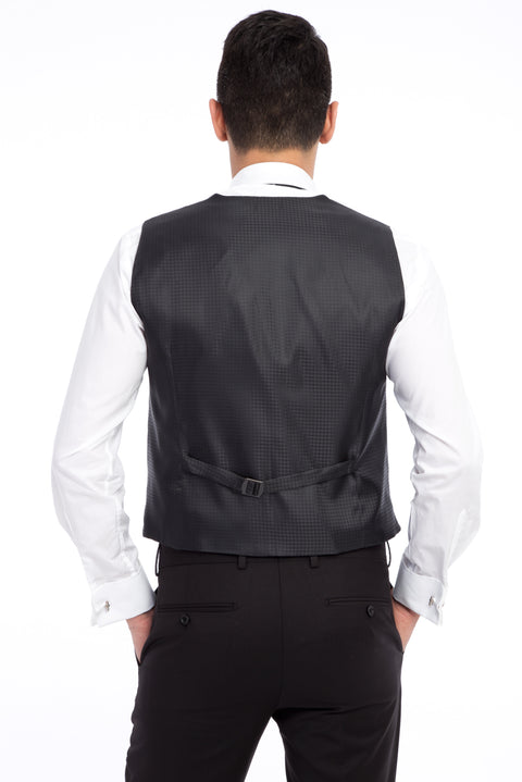 Siyah 7 Drop Slim Fit Dar Kesim Şal Yaka Yelekli Smokin & Damatlık