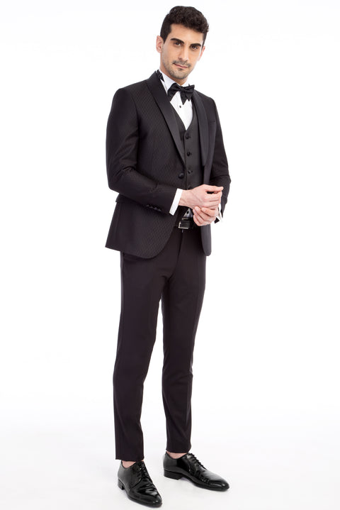 Black 7 Drop Slim Fit Narrow Cut Shawl Collar Patterned Vest Tuxedo & Groom Suit