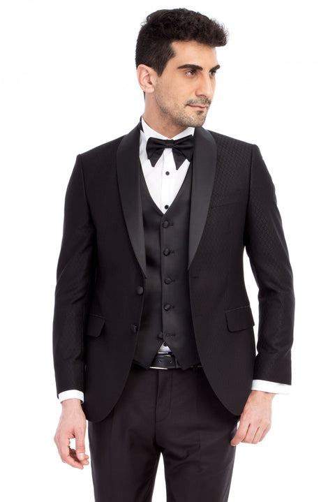 Black 7 Drop Slim Fit Narrow Cut Shawl Collar Patterned Vest Tuxedo & Groom Suit
