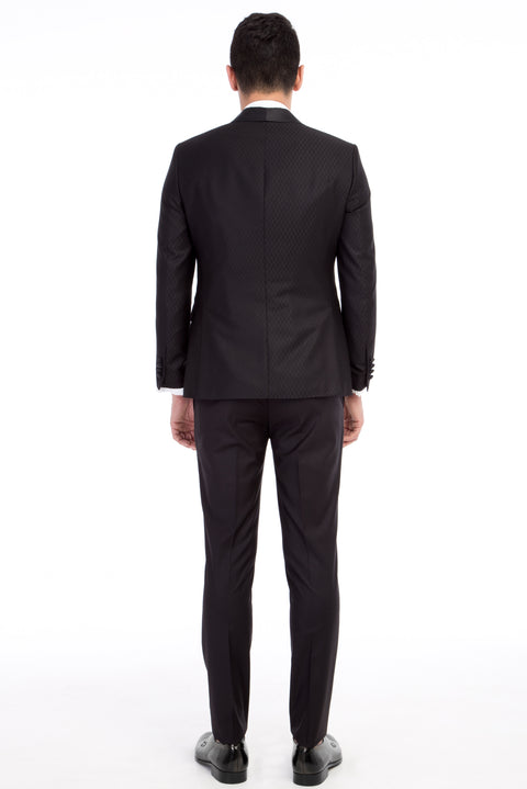 Black 7 Drop Slim Fit Narrow Cut Shawl Collar Patterned Vest Tuxedo & Groom Suit