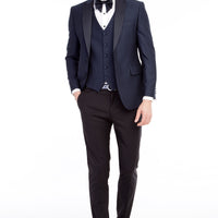 Navy Blue 7 Drop Slim Fit Narrow Cut Shawl Collar Patterned Vest Tuxedo & Groom Suit