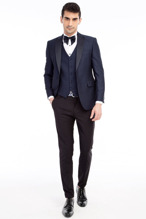 Navy Blue 7 Drop Slim Fit Narrow Cut Shawl Collar Patterned Vest Tuxedo & Groom Suit
