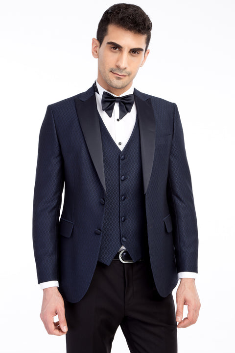 Navy Blue 7 Drop Slim Fit Narrow Cut Shawl Collar Patterned Vest Tuxedo & Groom Suit