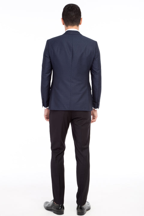 Navy Blue 7 Drop Slim Fit Narrow Cut Shawl Collar Patterned Vest Tuxedo & Groom Suit