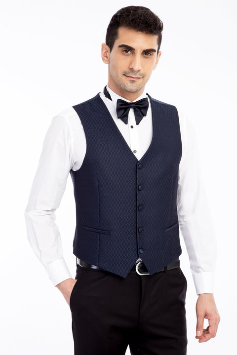 Navy Blue 7 Drop Slim Fit Narrow Cut Shawl Collar Patterned Vest Tuxedo & Groom Suit