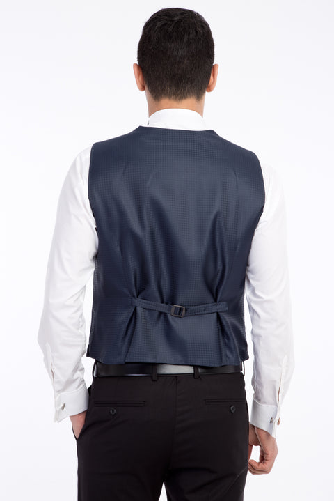 Navy Blue 7 Drop Slim Fit Narrow Cut Shawl Collar Patterned Vest Tuxedo & Groom Suit