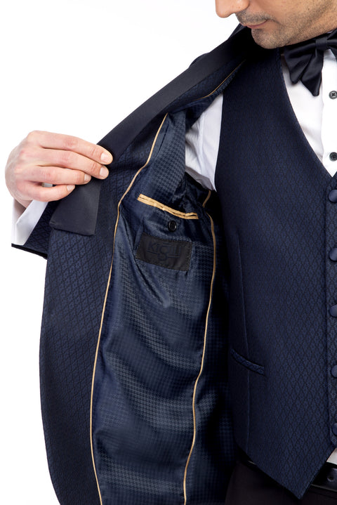 Navy Blue 7 Drop Slim Fit Narrow Cut Shawl Collar Patterned Vest Tuxedo & Groom Suit