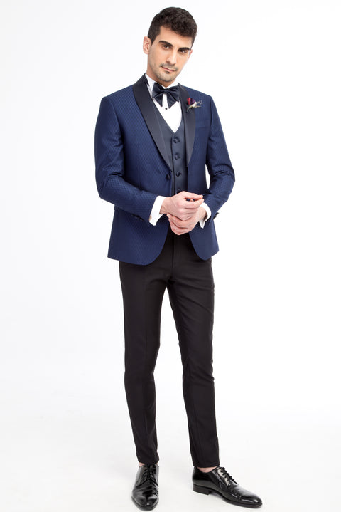 Blue 7 Drop Slim Fit Narrow Cut Shawl Collar Patterned Vest Tuxedo & Groom Suit