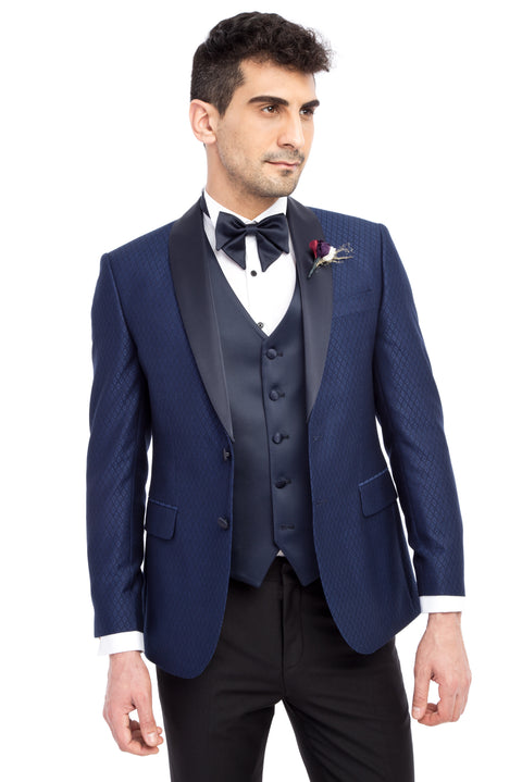 Blue 7 Drop Slim Fit Narrow Cut Shawl Collar Patterned Vest Tuxedo & Groom Suit