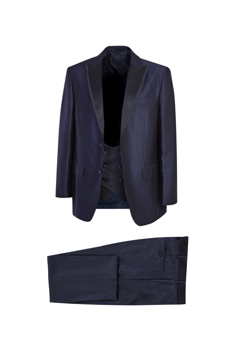Navy Blue 4 Drop Relaxed Fit Comfortable Cut Pointed Collar Patterned Tuxedo & Groom Suit