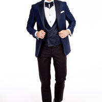 Blue 6 Drop Regular Fit Standard Cut Pointed Collar Patterned Tuxedo & Groom Suit