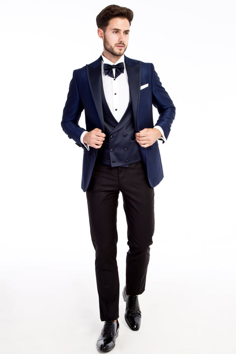 Blue 6 Drop Regular Fit Standard Cut Pointed Collar Patterned Tuxedo & Groom Suit
