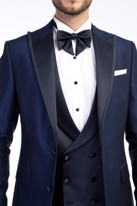 Blue 6 Drop Regular Fit Standard Cut Pointed Collar Patterned Tuxedo & Groom Suit