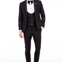 Black 7 Drop Slim Fit Narrow Cut Mono Collar Patterned Vest Tuxedo & Groom Suit