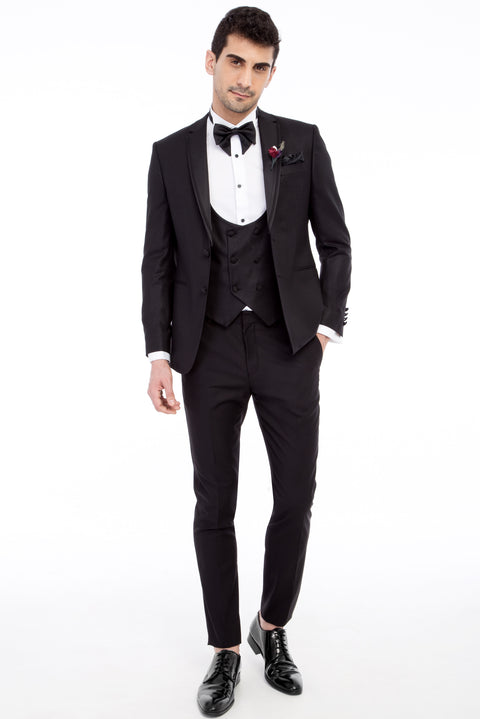 Black 7 Drop Slim Fit Narrow Cut Mono Collar Patterned Vest Tuxedo & Groom Suit