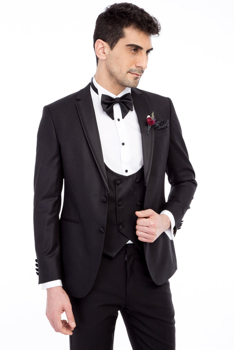 Black 7 Drop Slim Fit Narrow Cut Mono Collar Patterned Vest Tuxedo & Groom Suit