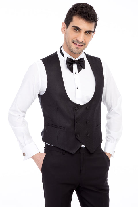 Black 7 Drop Slim Fit Narrow Cut Mono Collar Patterned Vest Tuxedo & Groom Suit