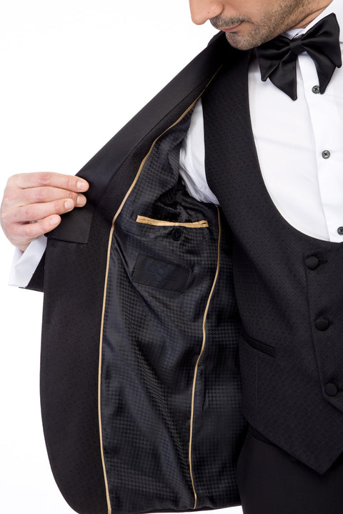 Black 7 Drop Slim Fit Narrow Cut Mono Collar Patterned Vest Tuxedo & Groom Suit