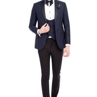 Lacivert 7 Drop Slim Fit Dar Kesim Mono Yaka Desenli Yelekli Smokin & Damatlık
