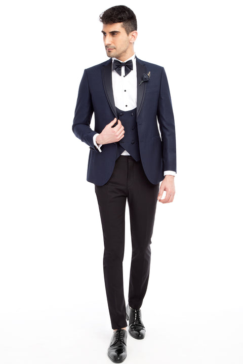 Lacivert 7 Drop Slim Fit Dar Kesim Mono Yaka Desenli Yelekli Smokin & Damatlık