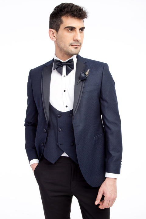 Lacivert 7 Drop Slim Fit Dar Kesim Mono Yaka Desenli Yelekli Smokin & Damatlık