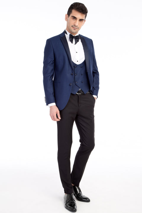 Blue 7 Drop Slim Fit Narrow Cut Mono Collar Patterned Vest Tuxedo & Groom Suit