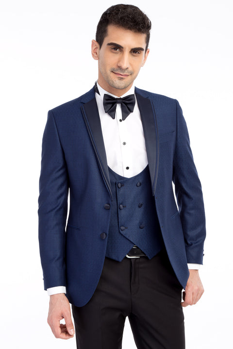 Blue 7 Drop Slim Fit Narrow Cut Mono Collar Patterned Vest Tuxedo & Groom Suit