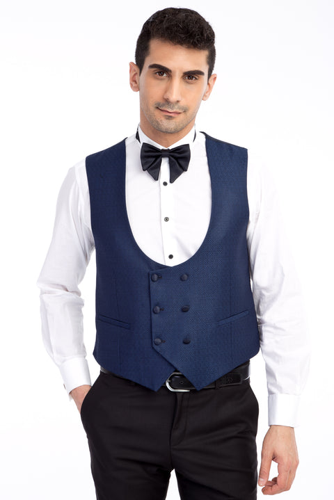 Blue 7 Drop Slim Fit Narrow Cut Mono Collar Patterned Vest Tuxedo & Groom Suit