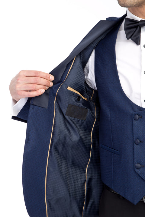 Blue 7 Drop Slim Fit Narrow Cut Mono Collar Patterned Vest Tuxedo & Groom Suit