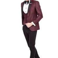 Bordo 7 Drop Slim Fit Dar Kesim Mono Yaka Desenli Yelekli Smokin & Damatlık