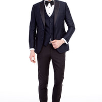 Navy Blue 7 Drop Slim Fit Narrow Cut Pointed Collar Patterned Vest Tuxedo & Groom Suit