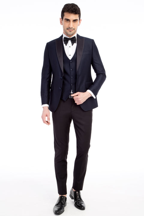 Navy Blue 7 Drop Slim Fit Narrow Cut Pointed Collar Patterned Vest Tuxedo & Groom Suit