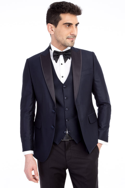 Navy Blue 7 Drop Slim Fit Narrow Cut Pointed Collar Patterned Vest Tuxedo & Groom Suit