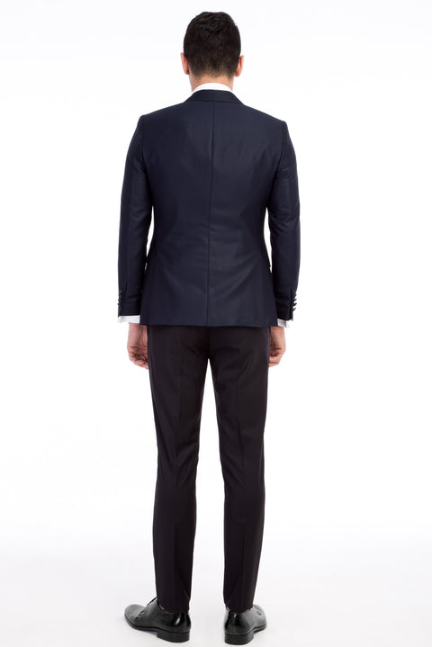 Navy Blue 7 Drop Slim Fit Narrow Cut Pointed Collar Patterned Vest Tuxedo & Groom Suit